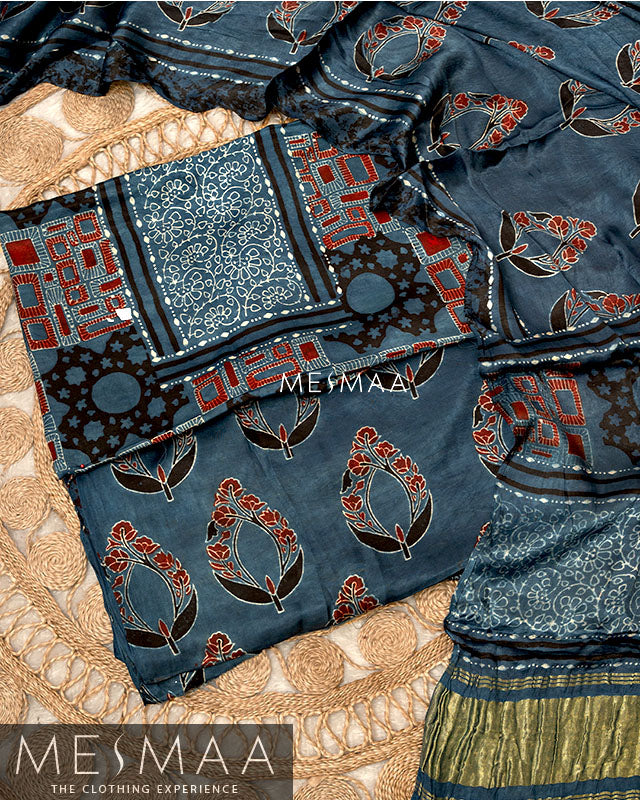 pure model silk with ajrakh print suits