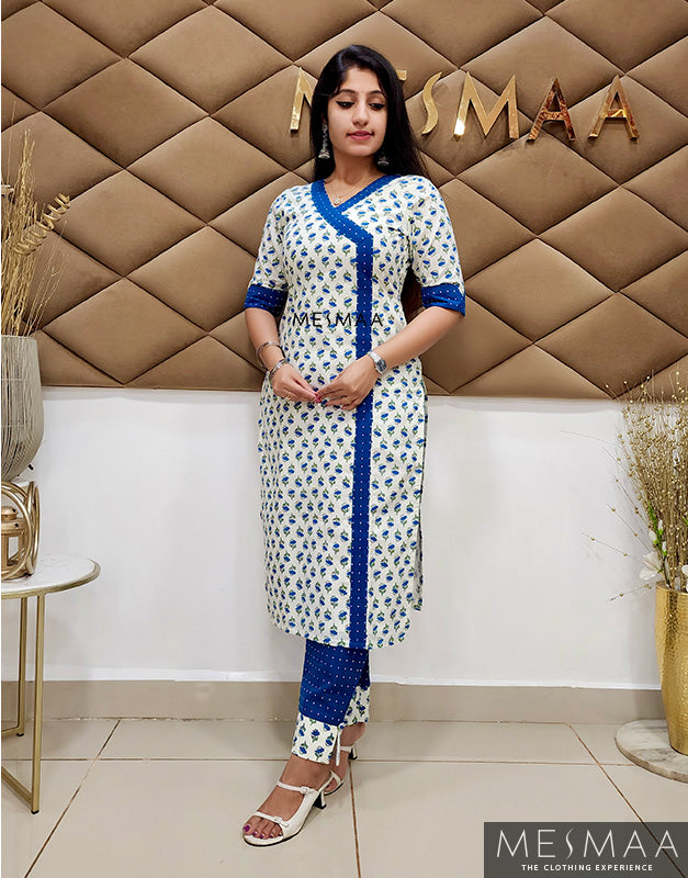 White indigo blue kurti set.