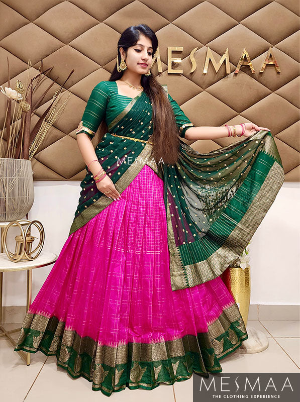 Rani pink bottle green half saree