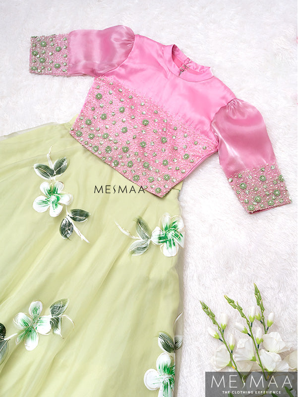 Pink lemon green floral lehenga