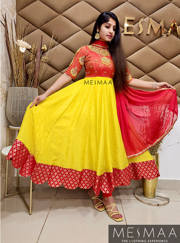 Red lemon yellow tissue anarkali