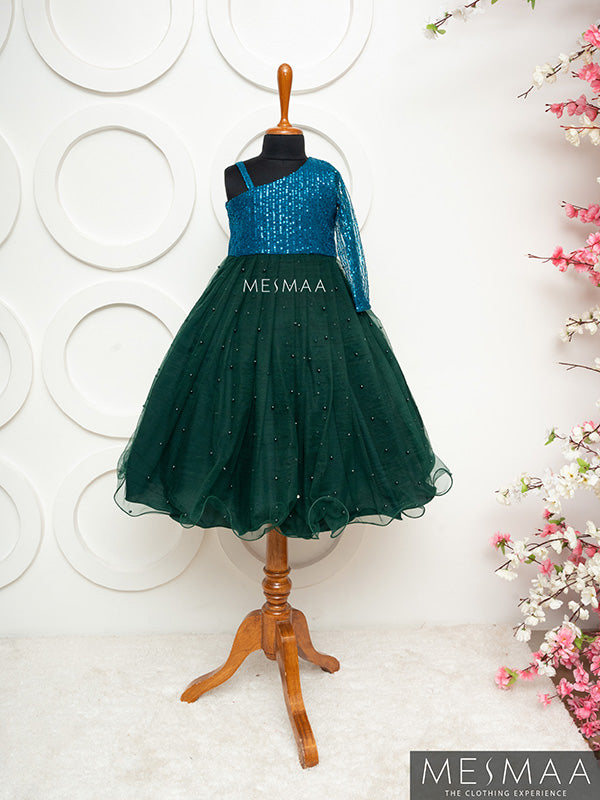 Peacock blue Bottle green kids gown