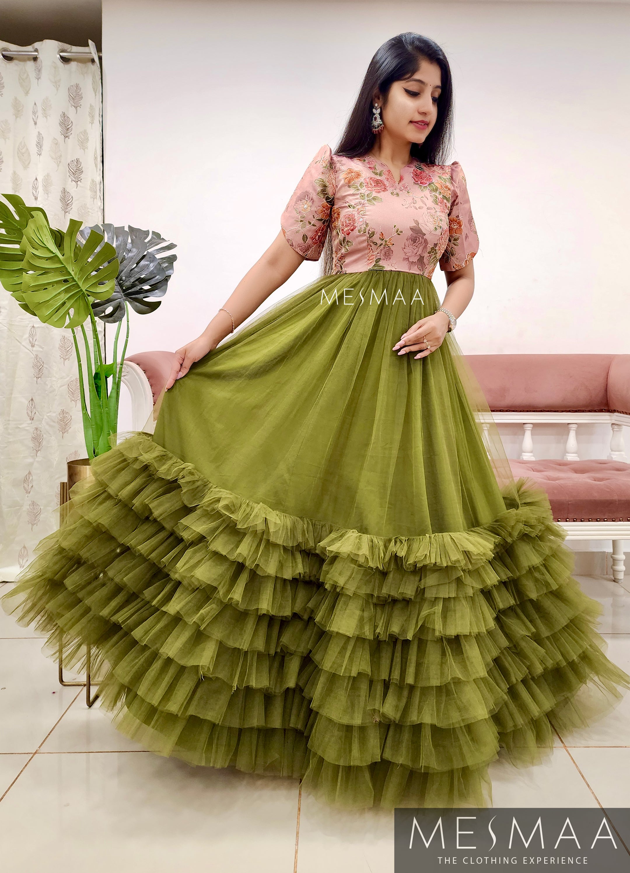 Olive green dusty pink flared gown