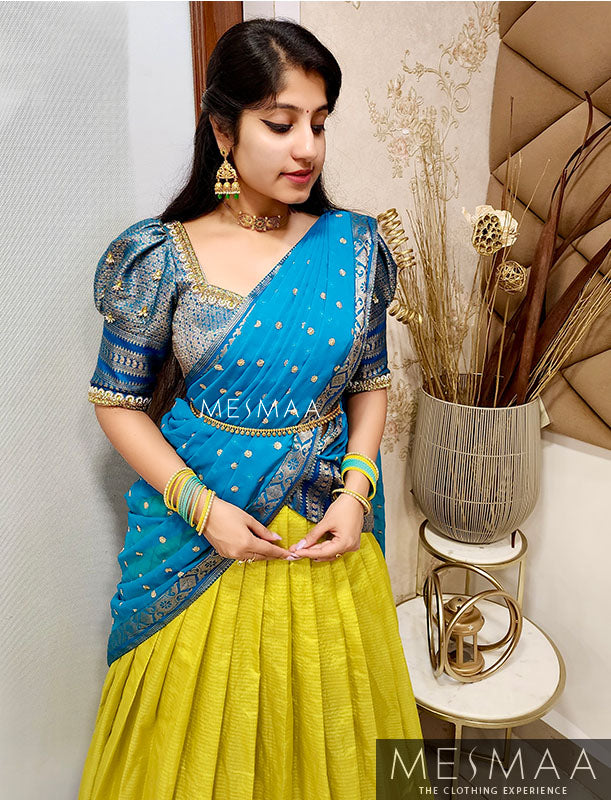 Lemon green copper sulphate blue half saree