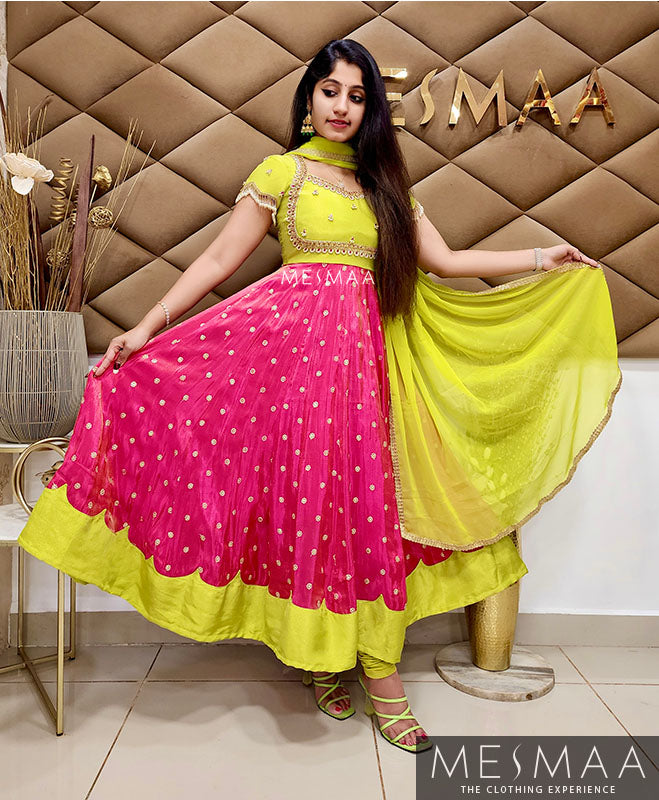 Bright green rani pink tissue anarkali