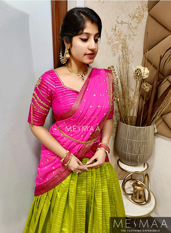 Bright green pink half saree
