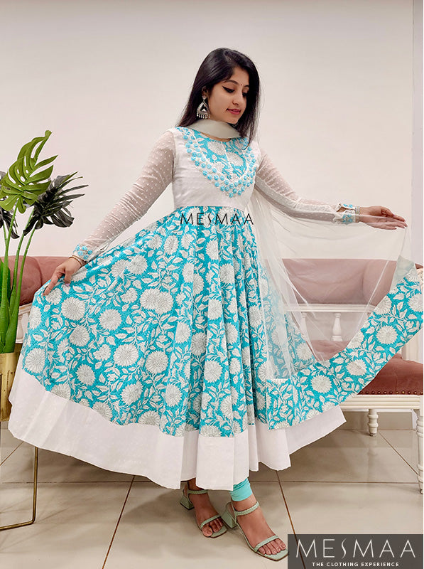 Blue white flared anarkali