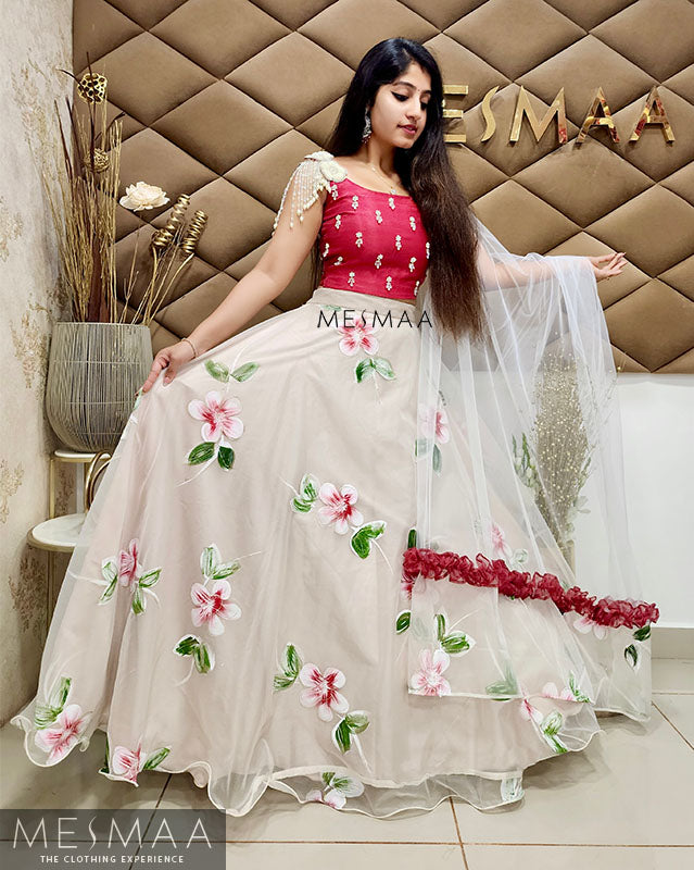 Coral red beige floral lehenga