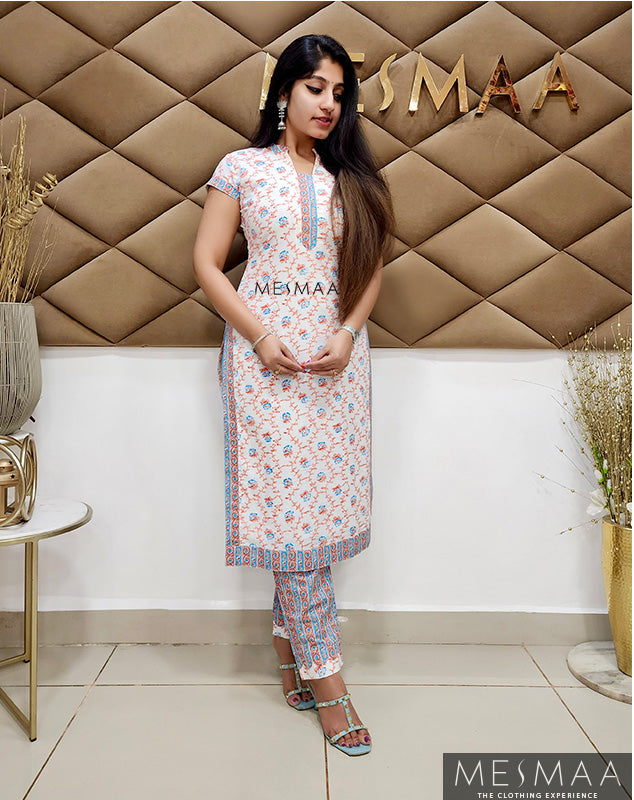 White peach blue kurti set.