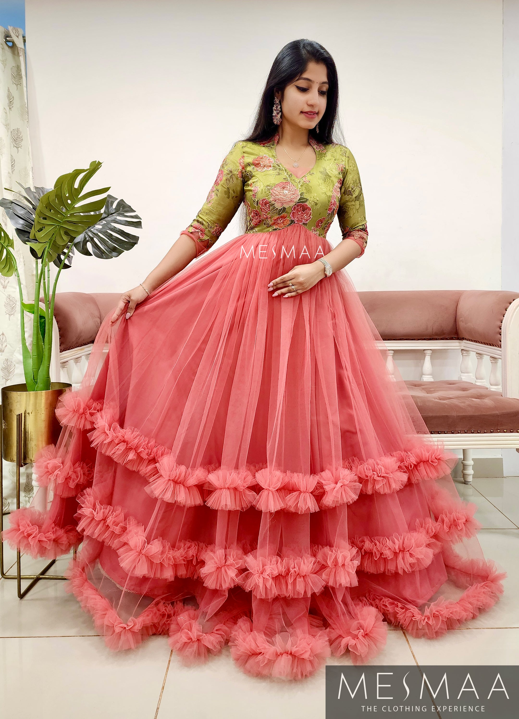 Green coral flared gown.