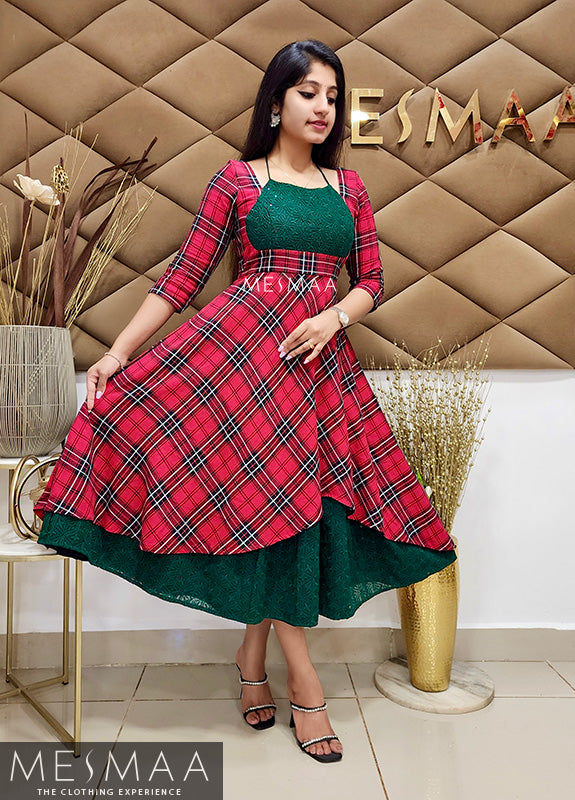 Red bottle green checked dress
