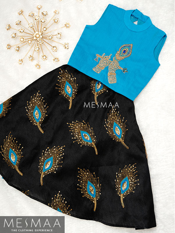 Copper sulphate blue and black crop top skirt for kids