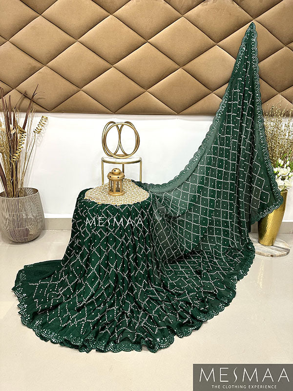 pure chinnon bandhani print with mirror work saree