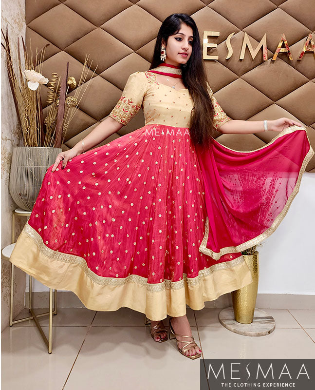 Beige pinkish red tissue anarkali