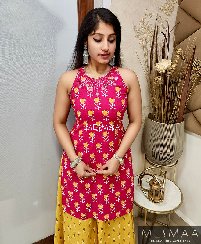 Pink yellow sharara set