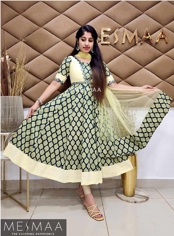 Dark green pale yellow flared anarkali
