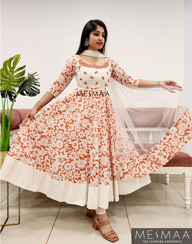 Rust half white flared anarkali