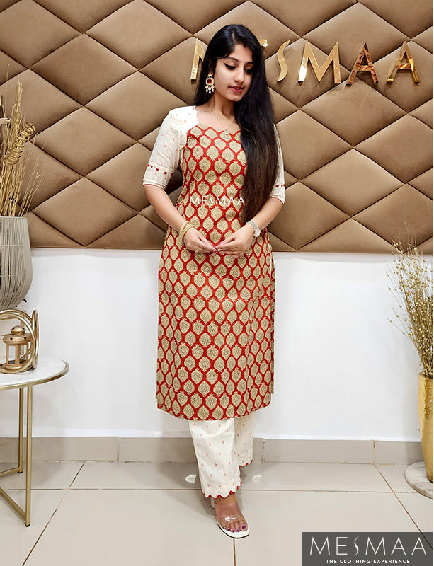 Red half white kurti set