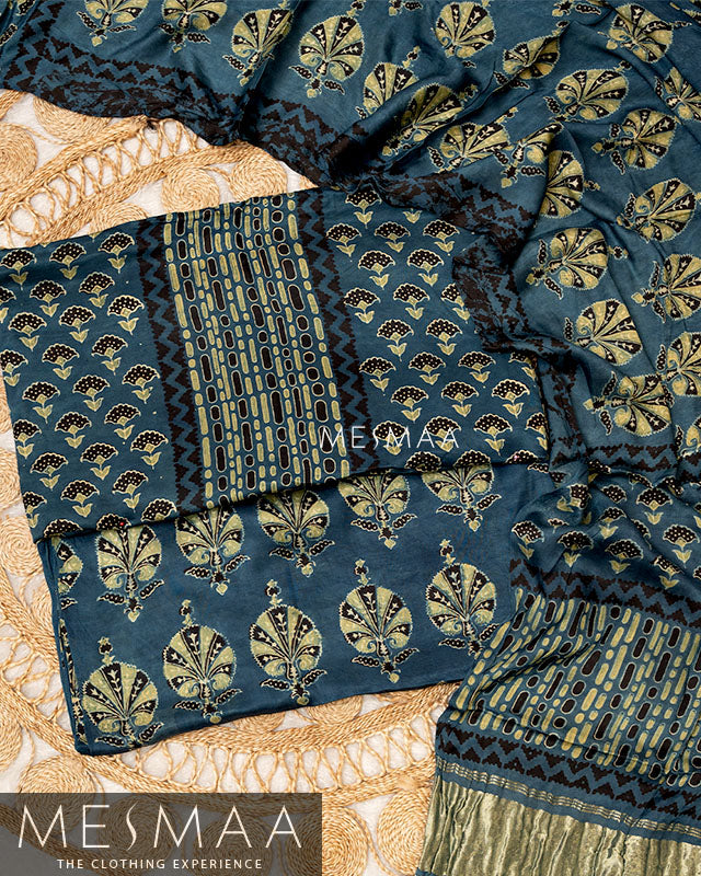 pure model silk with ajrakh print suits