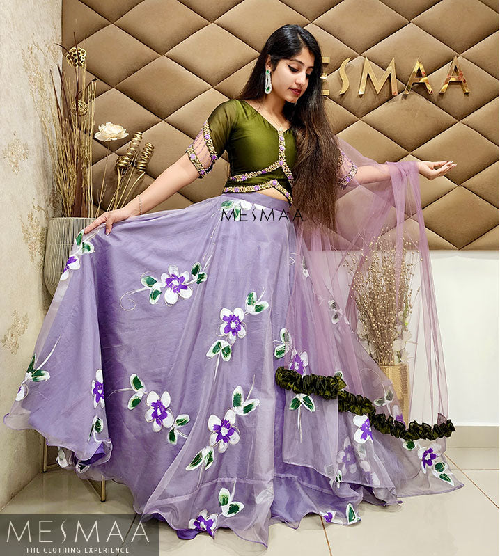 Olive green dusty lavender floral lehenga