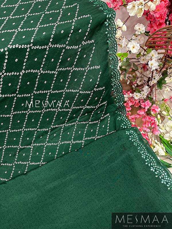 pure chinnon bandhani print with mirror work saree