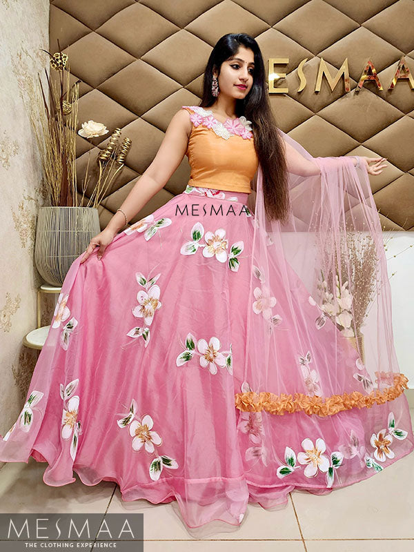 Pink tangerine floral lehenga