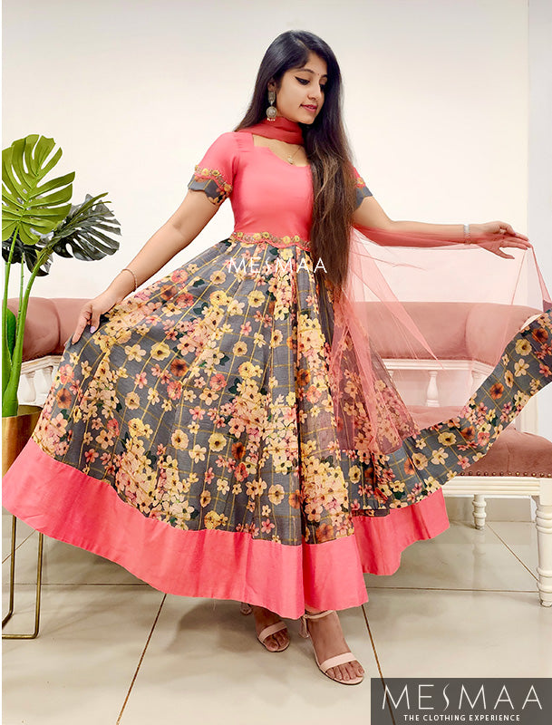 Grey coral flared anarkali