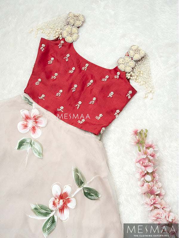Coral red beige floral lehenga