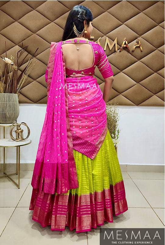 Bright green pink half saree