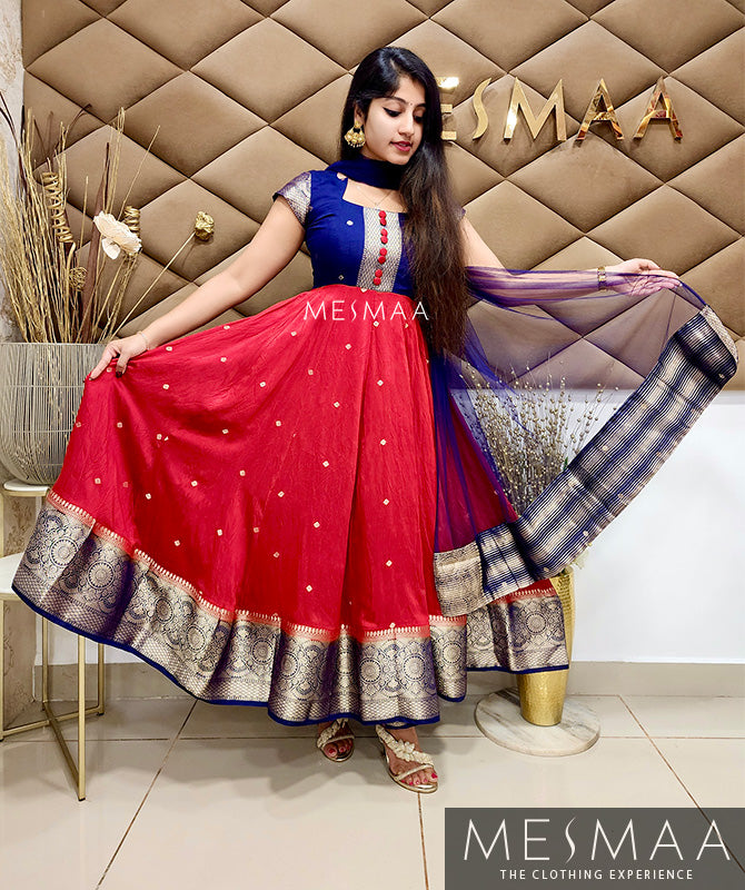 Navy blue red saree converted anarkali.