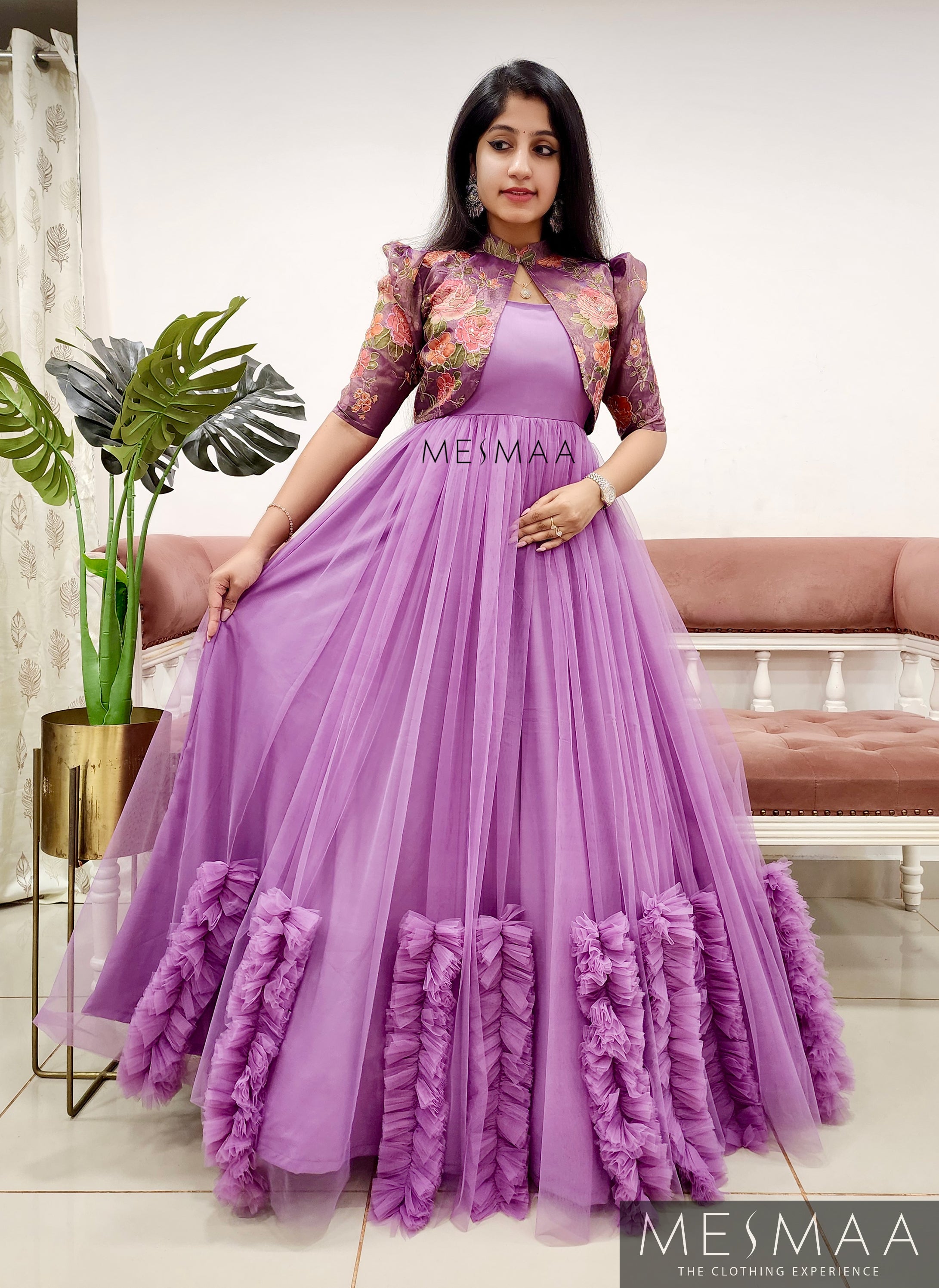 Lavender flared gown.