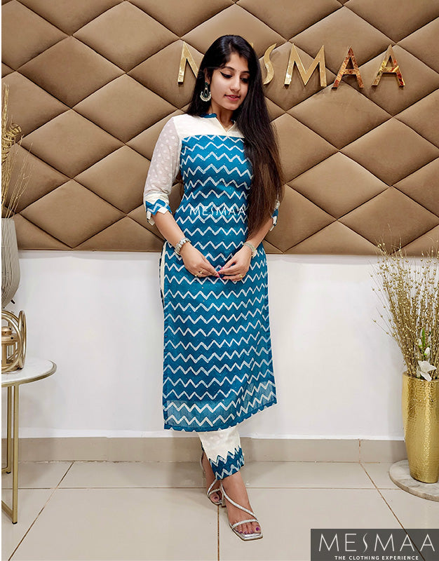 Teal white kurti set.