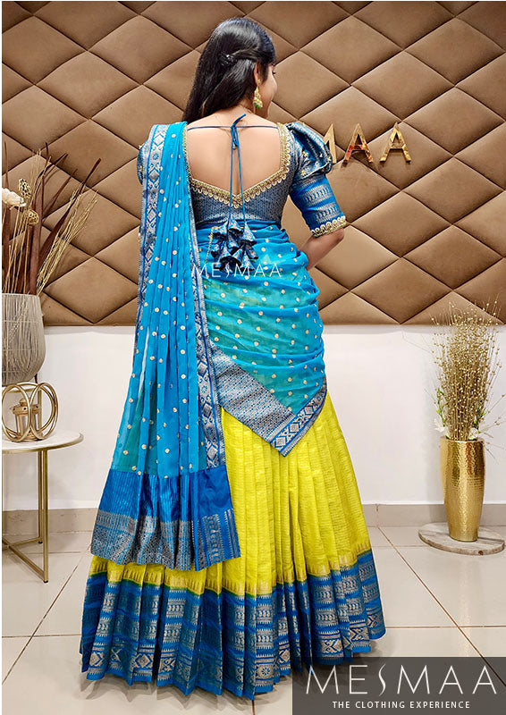 Lemon green copper sulphate blue half saree