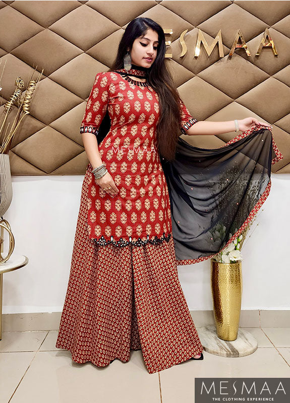 Brick red black sharara set