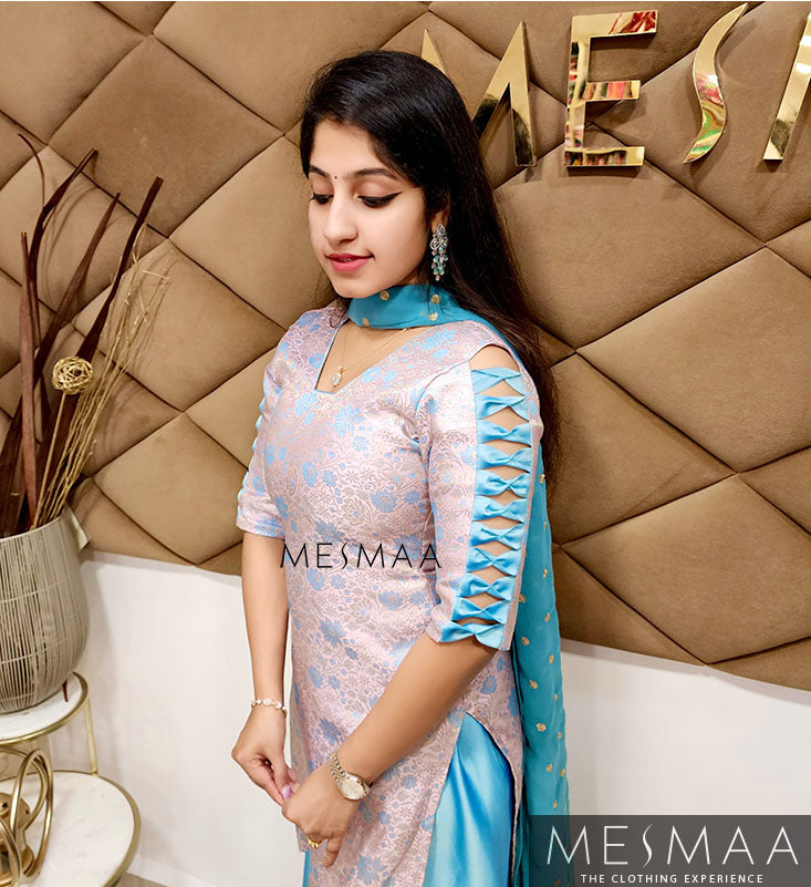 Blush pink ice blue sharara set