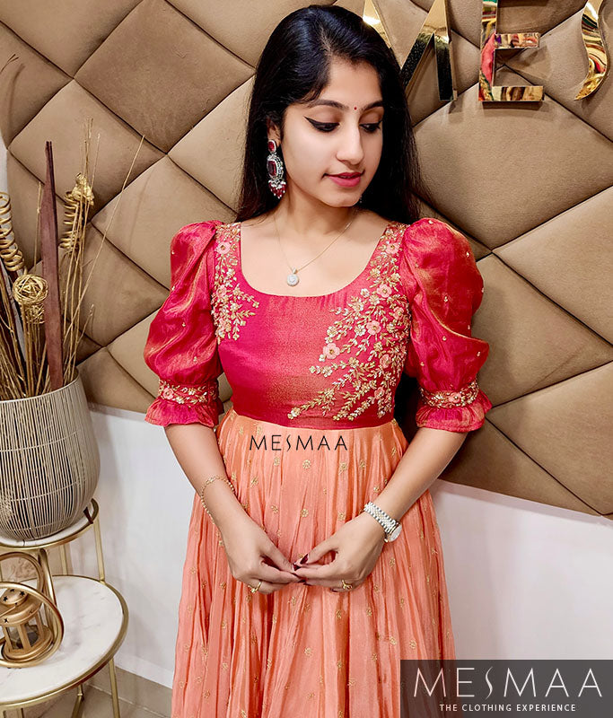 Pinkish red peach tissue anarkali