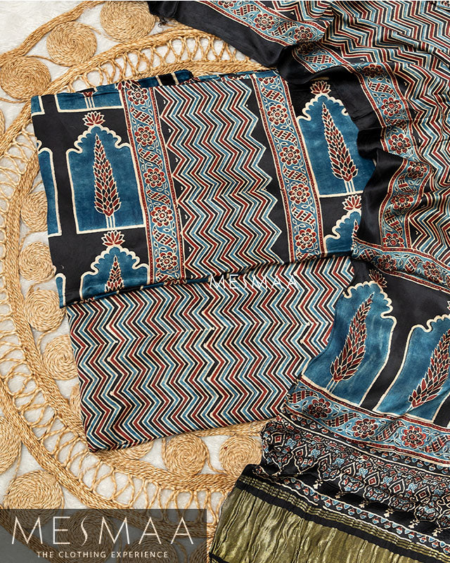pure model silk with ajrakh print suits