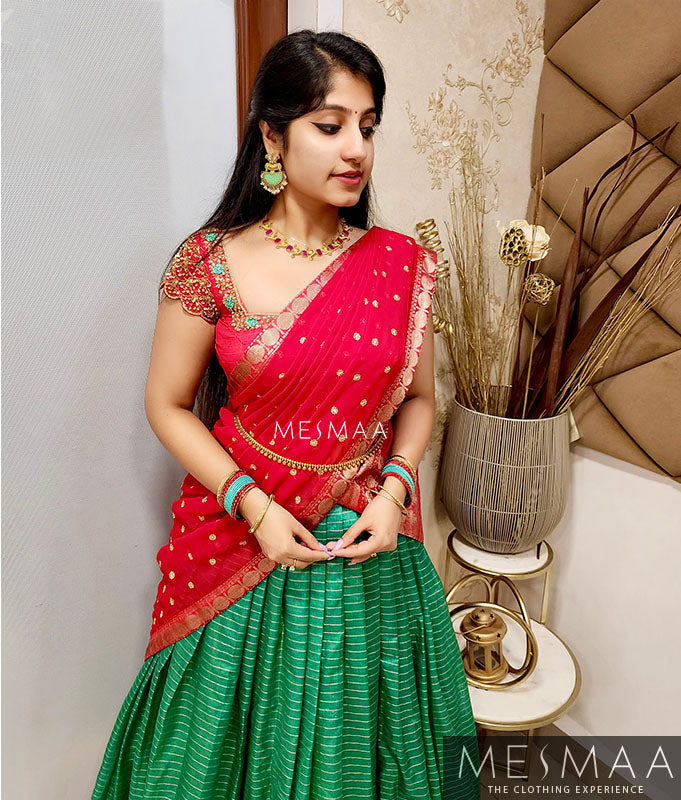 Teal red half saree