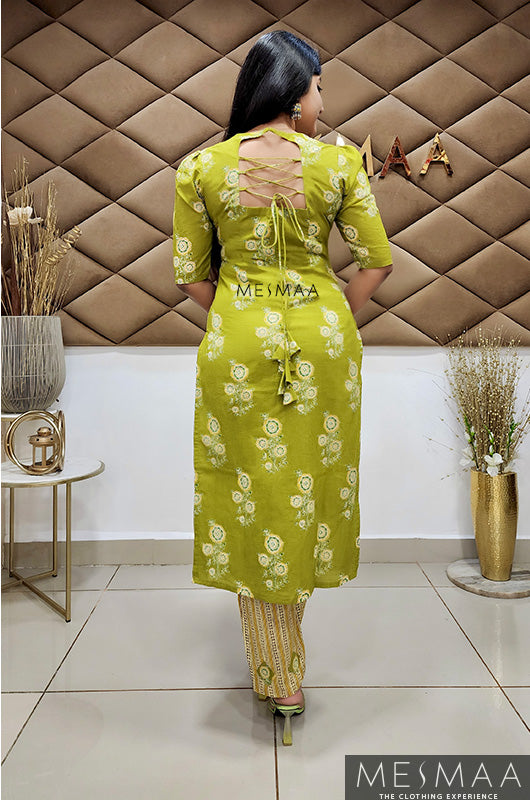 Green yellow kurti set.