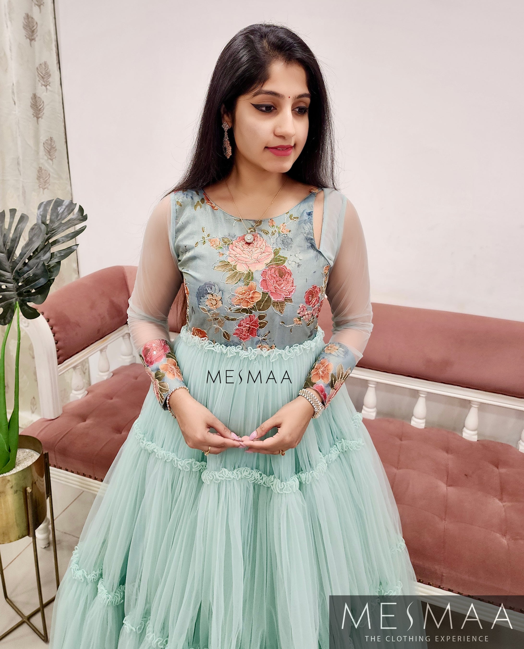 Baby blue flared gown.