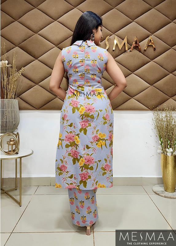 Grey floral kurti set.