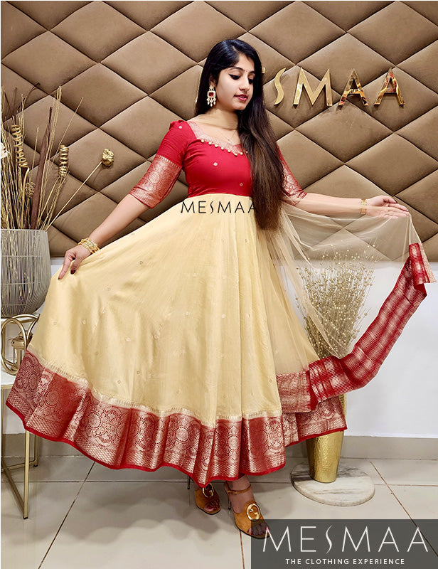 Half white red saree converted anarkali.