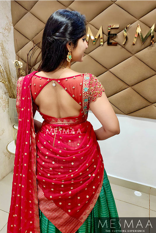 Teal red half saree