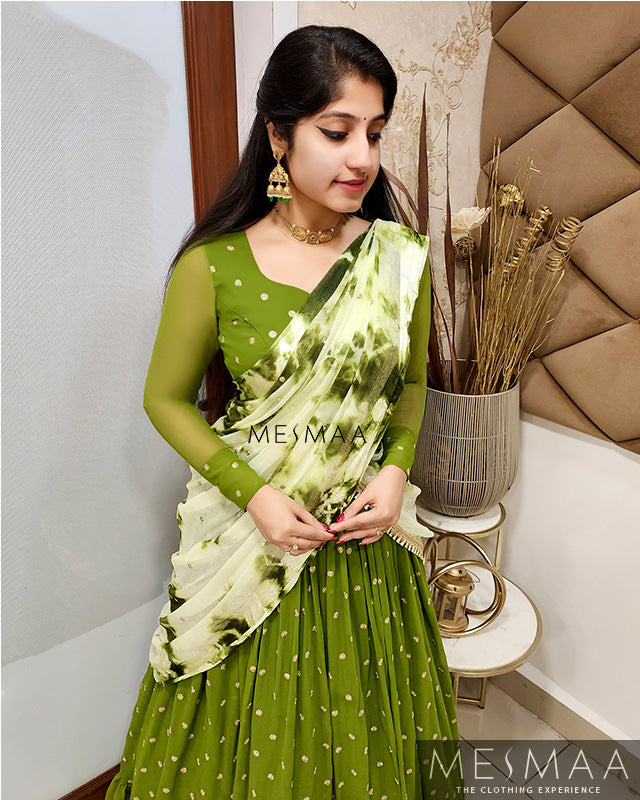 Olive green mint green half saree