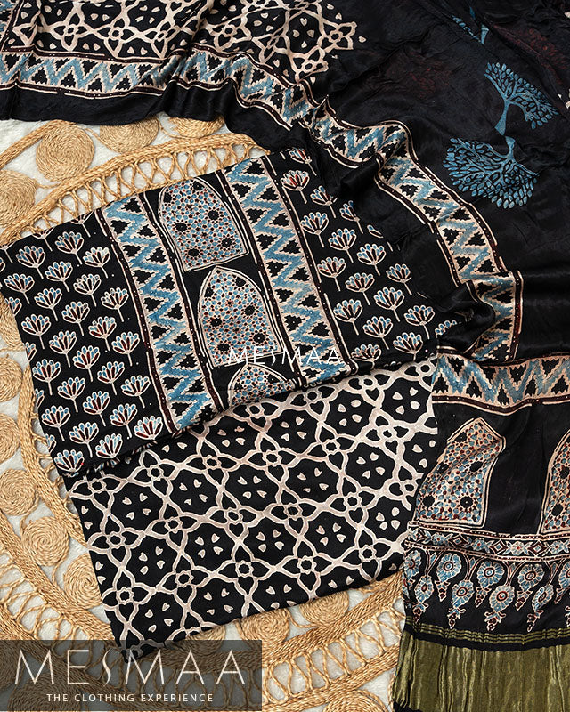 pure model silk with ajrakh print suits