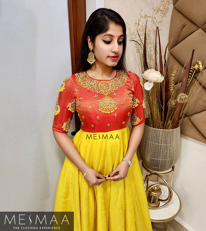 Red lemon yellow tissue anarkali