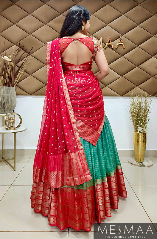 Teal red half saree