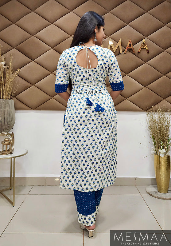 White indigo blue kurti set.