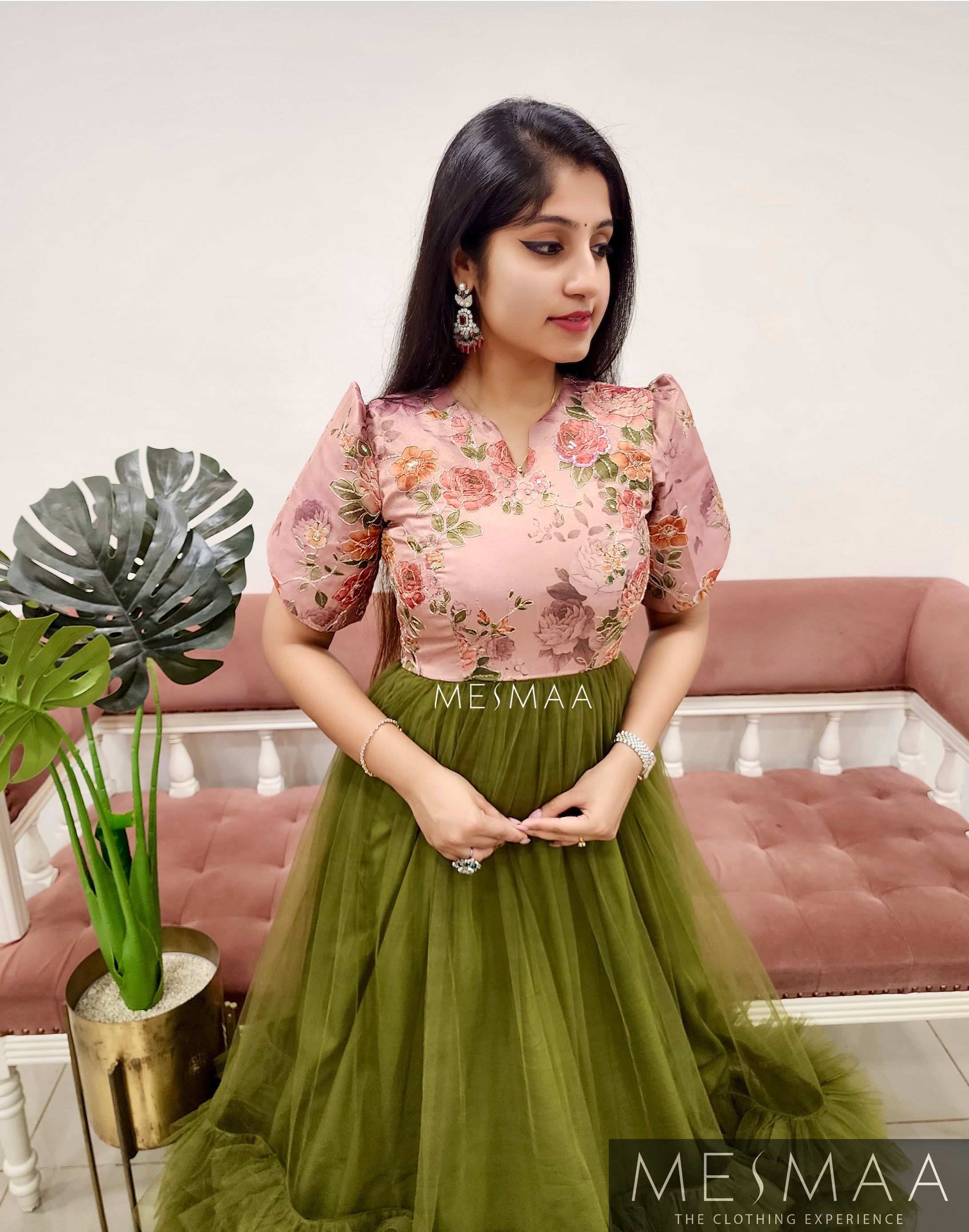 Olive green dusty pink flared gown