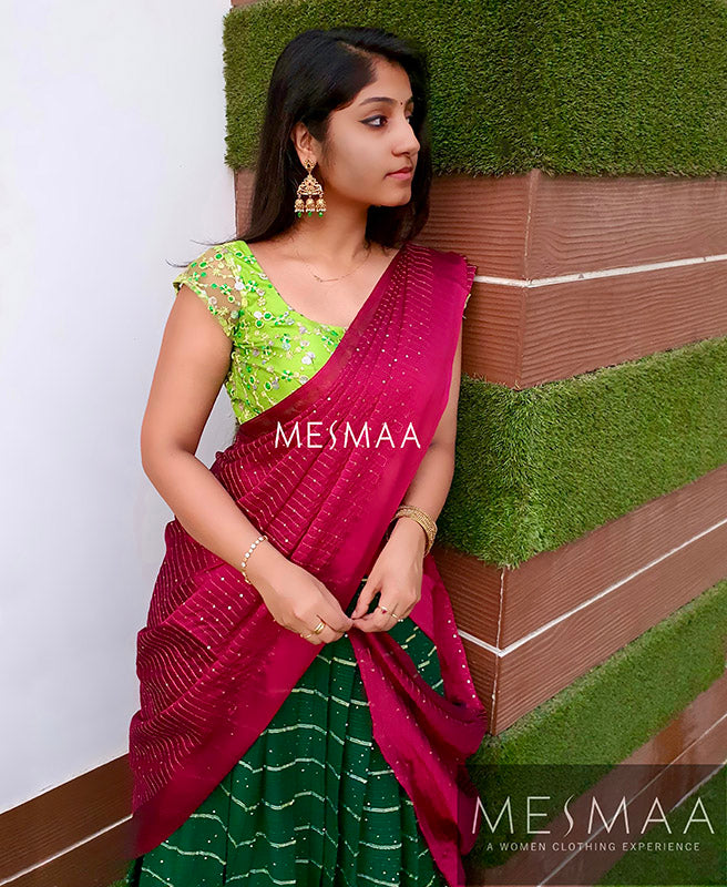Bottle green purple half saree